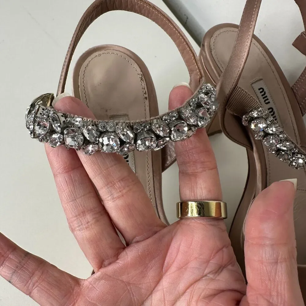 Miu Miu Nude Calzature Donna Satin Crystal Ankle Strap Platform Block Heels 10.5